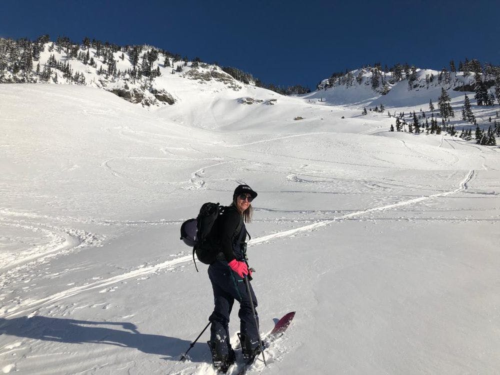 Pietra on skis on a snow covered mountain