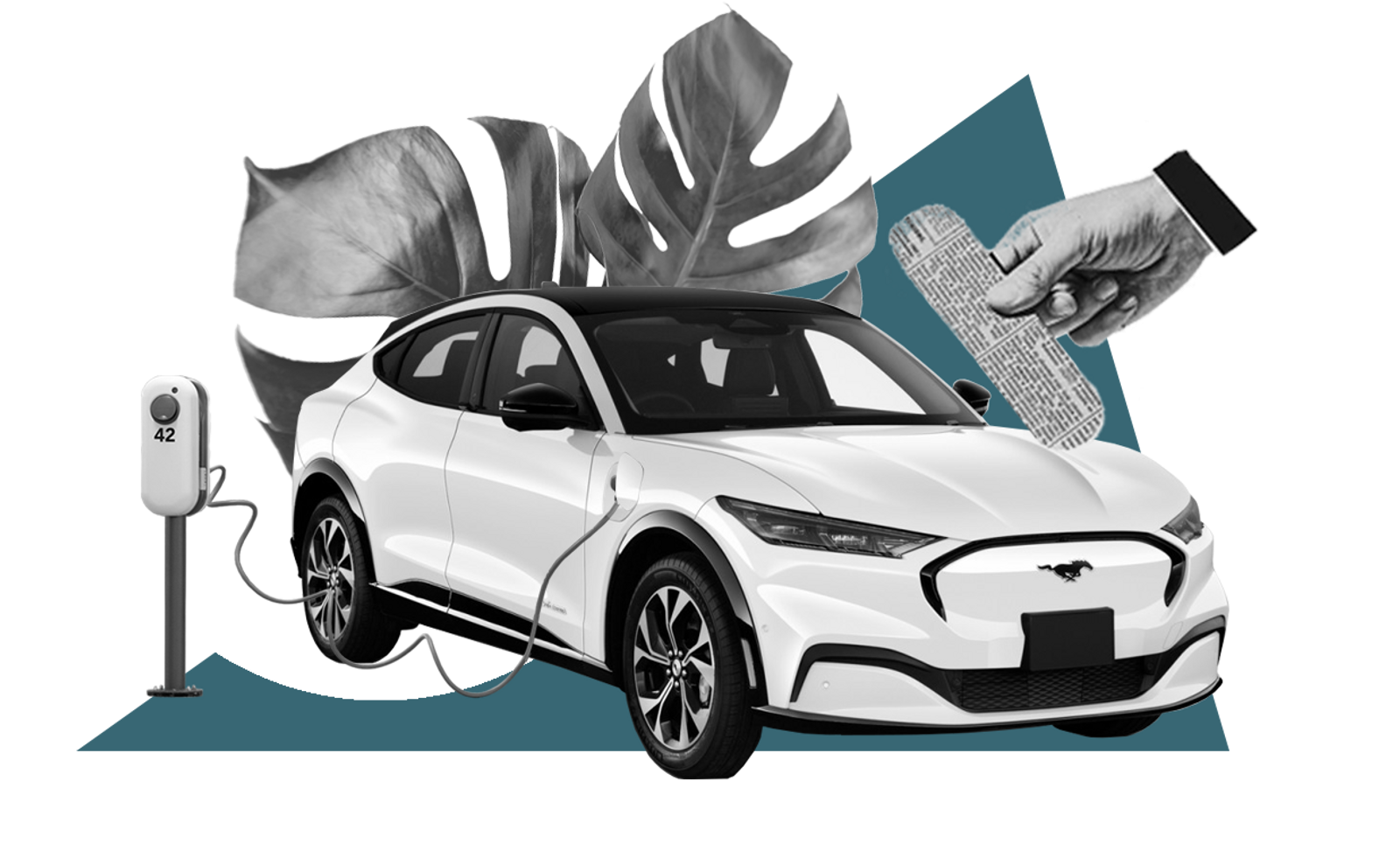 Collage of an electric car charging with a hand applying a band-aid and leaf in behind